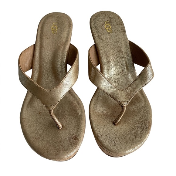 UGG Metallic Gold Cork Wedges Sz 7.5 - Picture 2 of 9